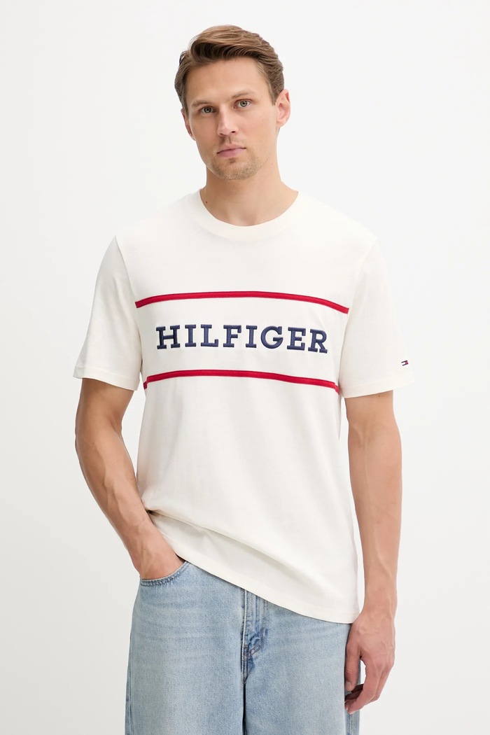 Памучна тениска Tommy Hilfiger щампа бежов MW0MW39845