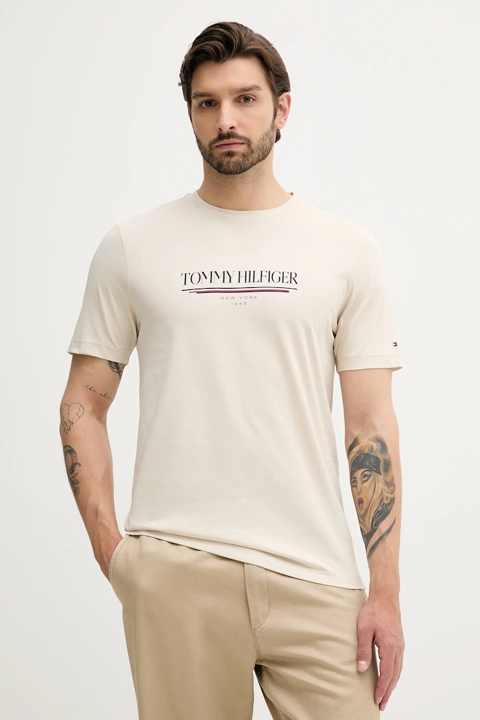 Bavlnené tričko Tommy Hilfiger potlač béžová MW0MW40324