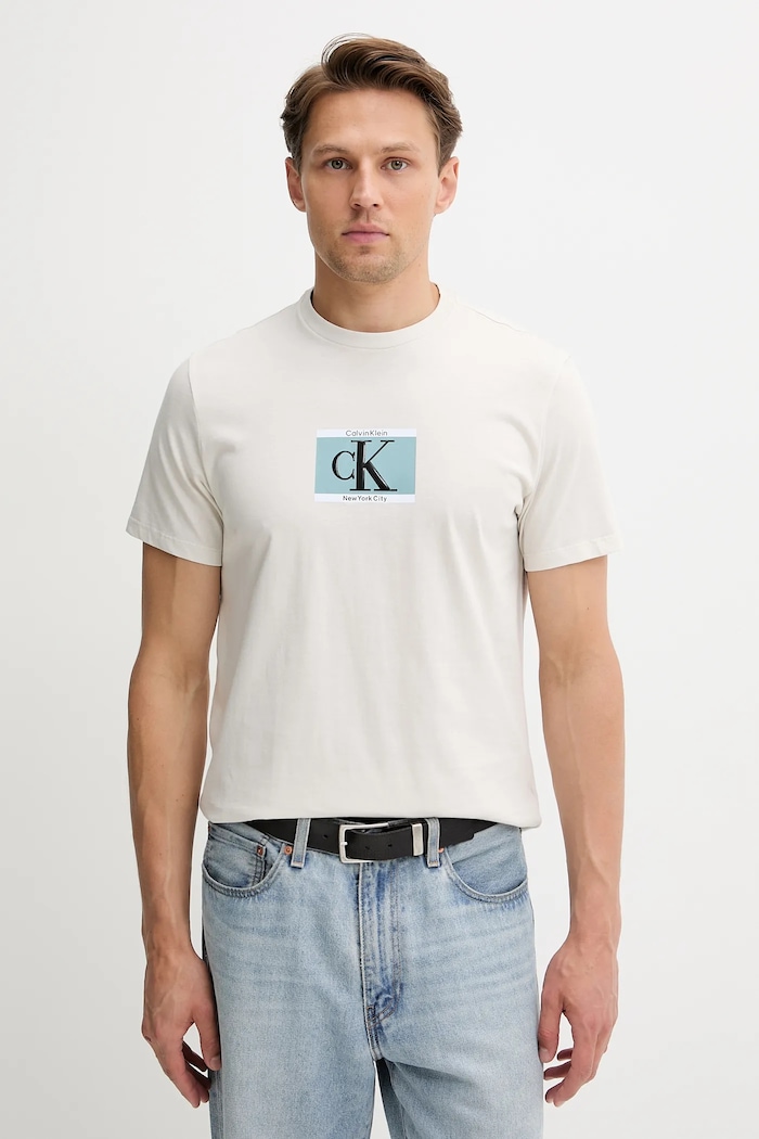 Bavlněné tričko Calvin Klein potisk béžová LV04RC854G
