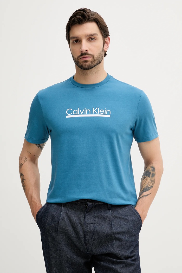 Bavlněné tričko Calvin Klein potisk tyrkysová LV04RC852G