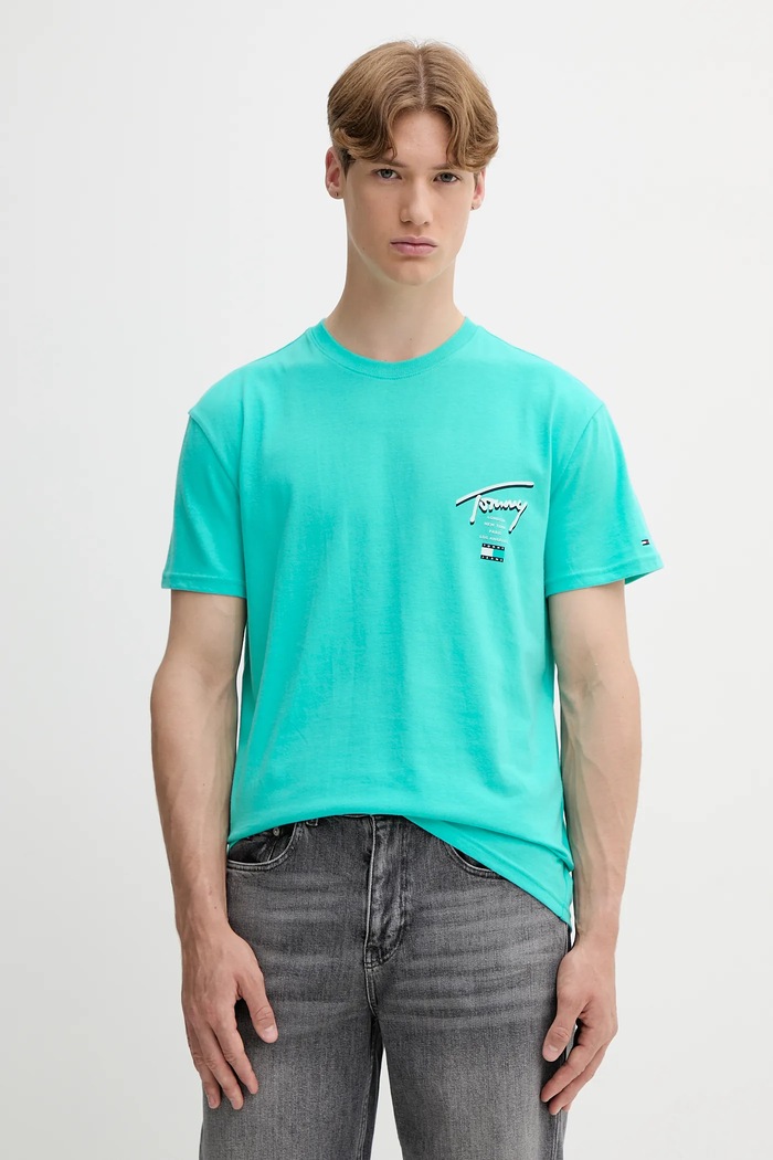 Oblečení Bavlněné tričko Tommy Jeans DM0DM21934 tyrkysová
