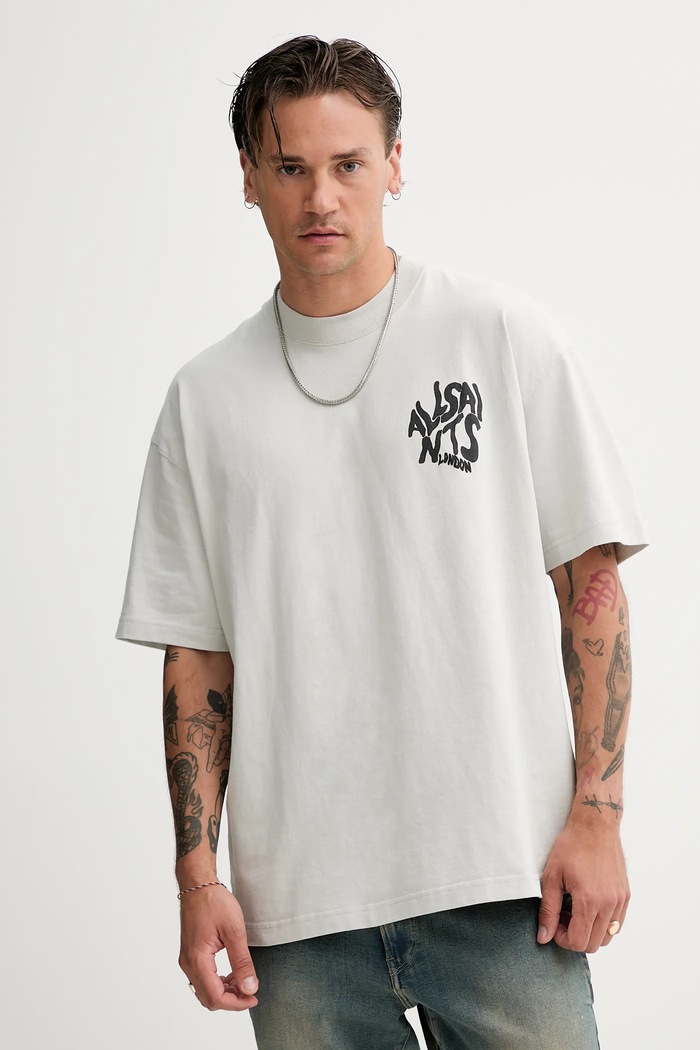 Βαμβακερό μπλουζάκι AllSaints ORLANDO στάμπα γκρί M066PC