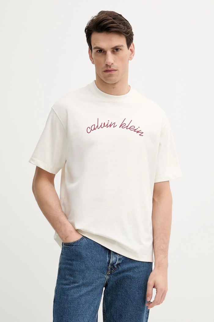 Bavlněné tričko Calvin Klein Jeans nášivka béžová LV04RC225G
