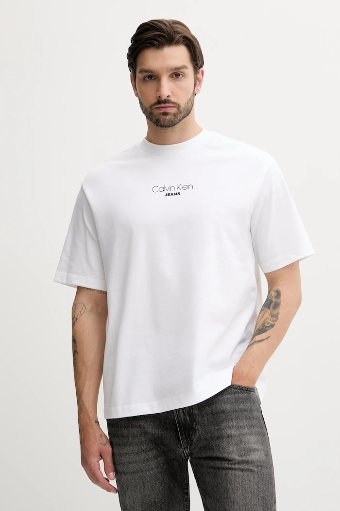 Bavlněné tričko Calvin Klein Jeans kulatý bílá LV04RC851G