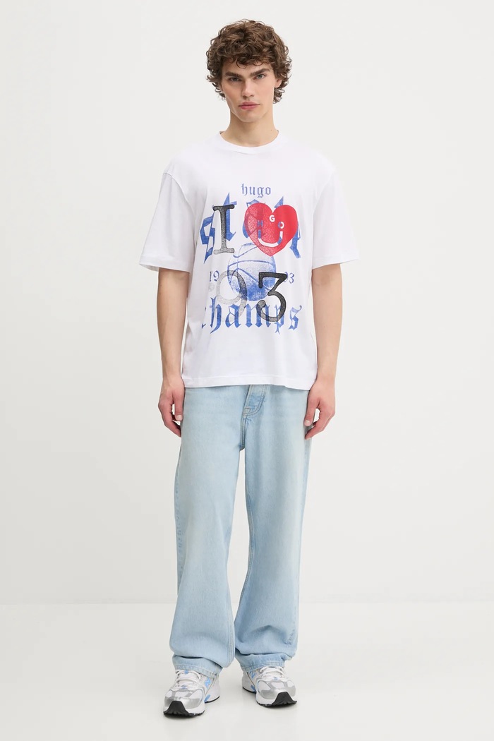 Βαμβακερό μπλουζάκι Hugo Blue San Jared-C 50543495 λευκό AW25
