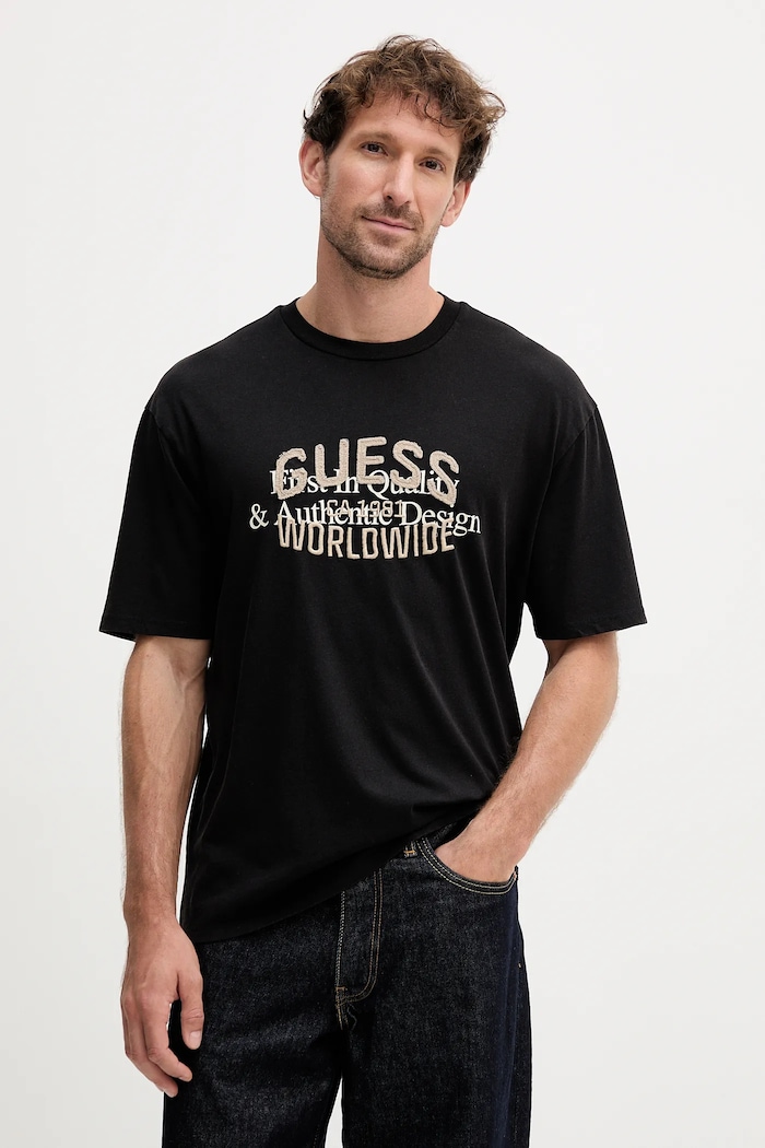 Bavlnené tričko Guess WORLDWIDE nášivka čierna M5YI49.KBW41