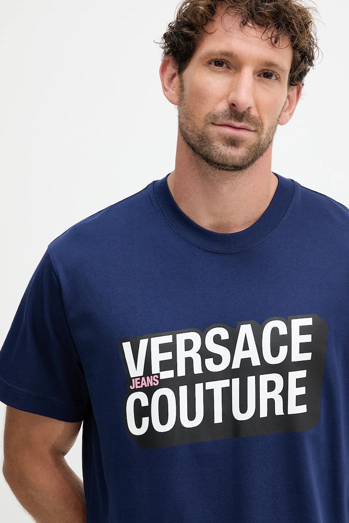 Памучна тениска Versace Jeans Couture тъмносин 79GAHP02.CJ01P