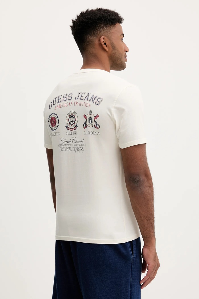 Bavlněné tričko Guess Jeans potisk béžová M5YI04.K8HM0