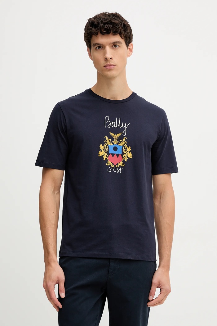 Bombažna kratka majica Bally Potisk mornarsko modra MJE0AB