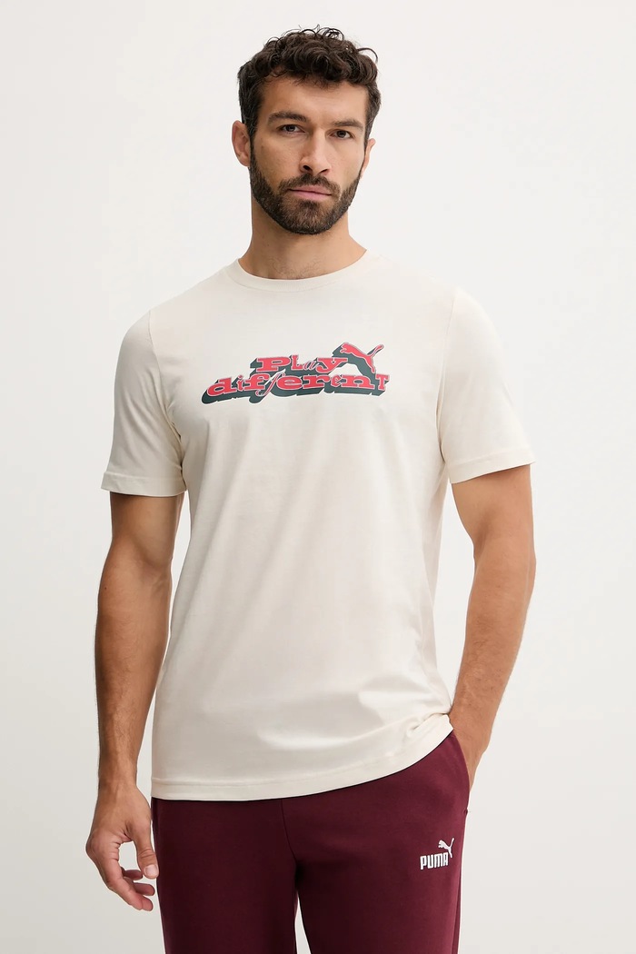Βαμβακερό μπλουζάκι Puma εμπριμέ μπεζ 632111