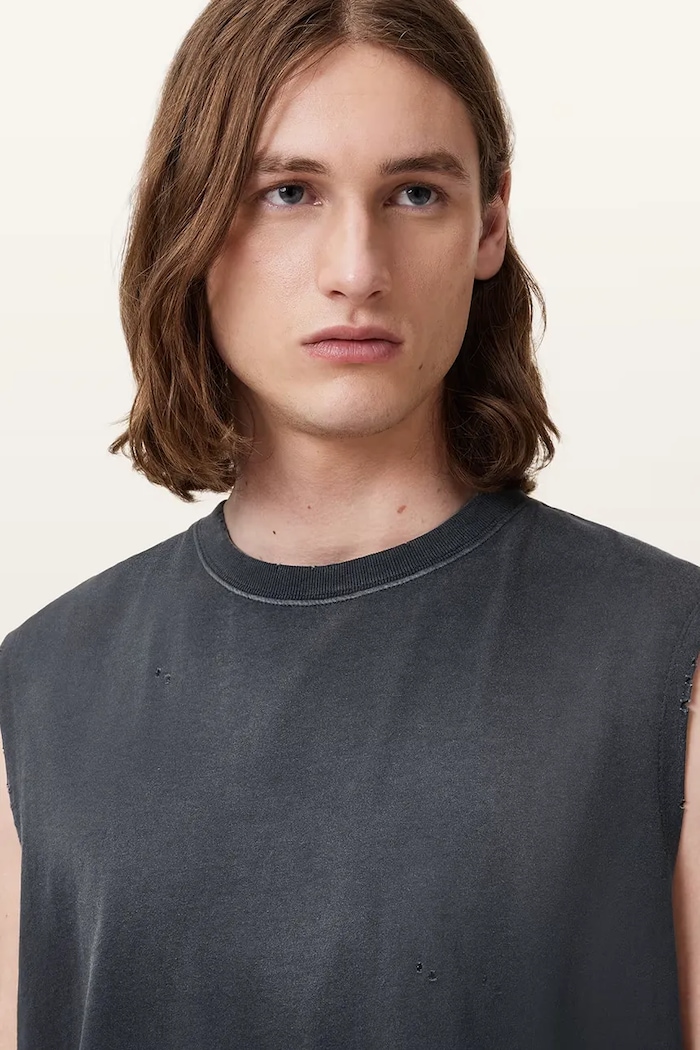 Majica brez rokavov AllSaints JONAH M022JC siva AW25