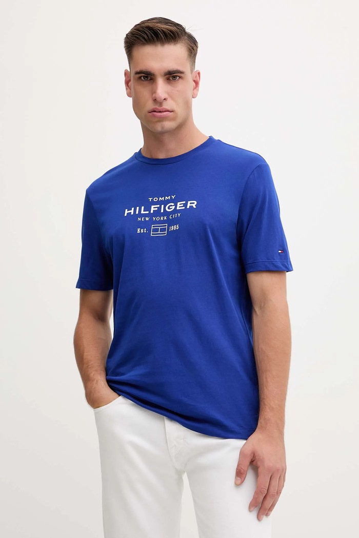 Памучна тениска Tommy Hilfiger надпис син MW0MW40002