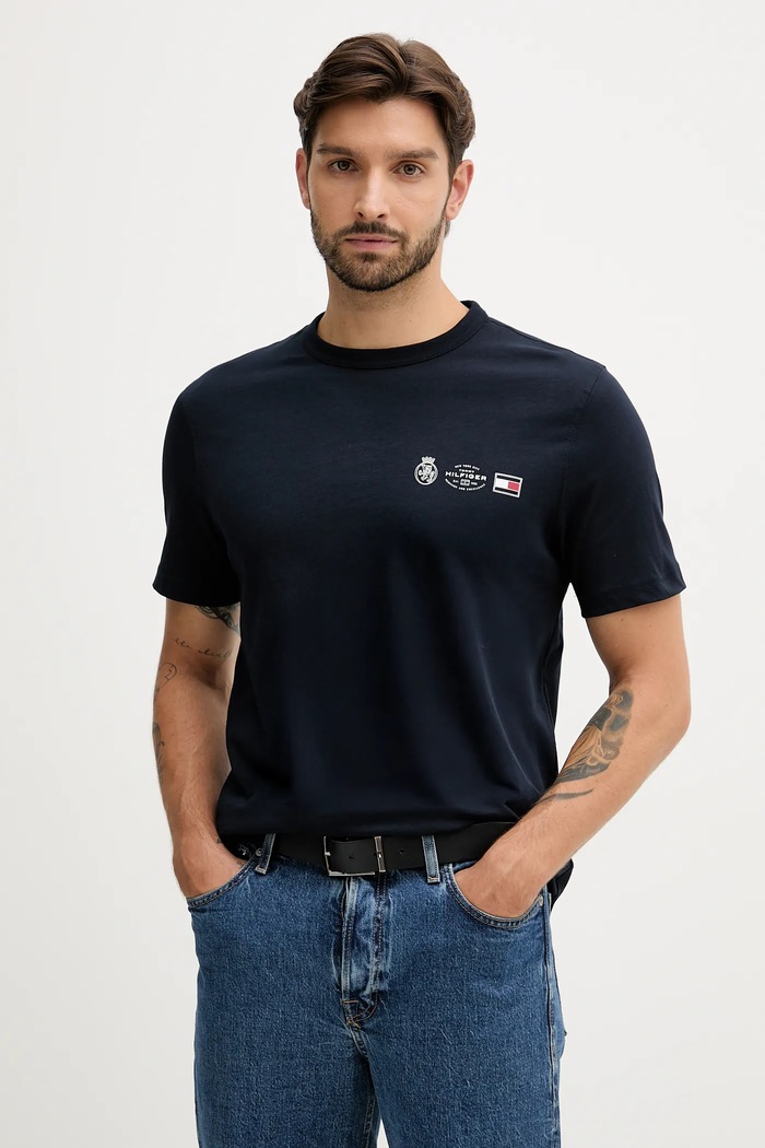 Bavlnené tričko Tommy Hilfiger slim tmavomodrá MW0MW40011