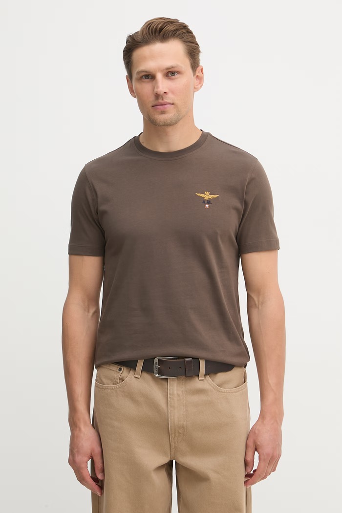 Aeronautica Militare kratka majica moška bombažna Našitek rjava TS1580UJ00372