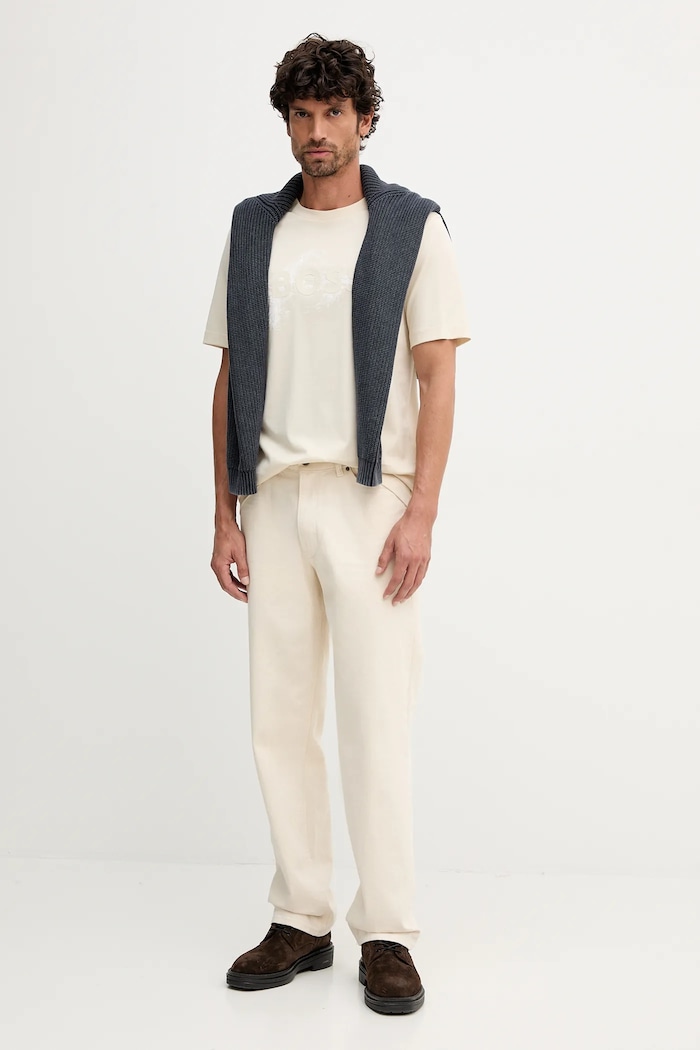 Βαμβακερό μπλουζάκι BOSS San Jared-C 50549282 μπεζ AW25