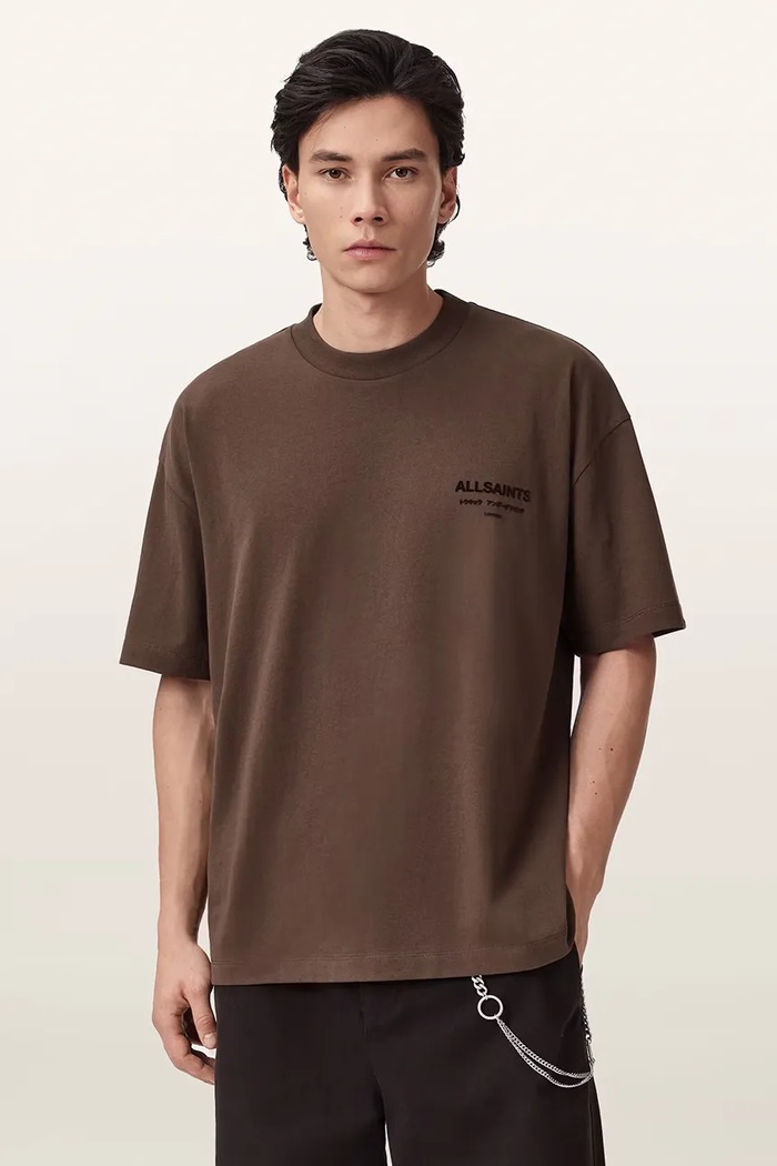 AllSaints T-shirt męski bawełniany XANDER brązowy M030JC