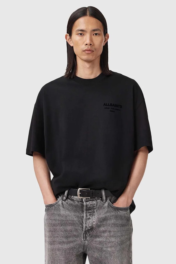 AllSaints футболка для мужчин из хлопка XANDER гладкий чёрный M030JC