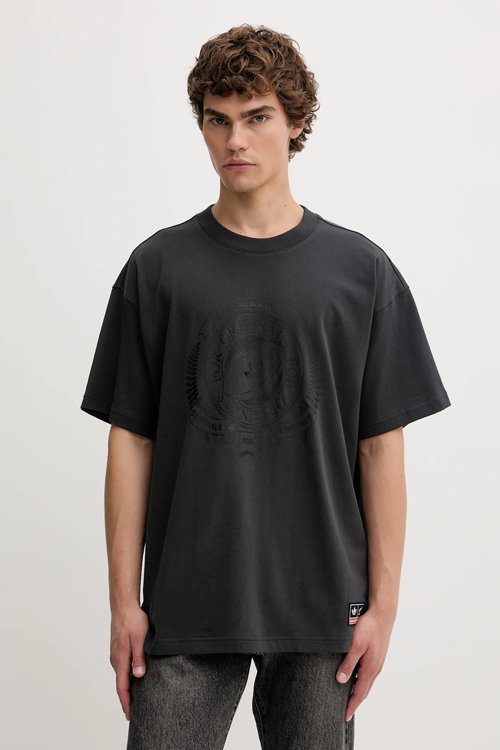 Bombažna kratka majica adidas Originals All Black Okrogel siva KG4650