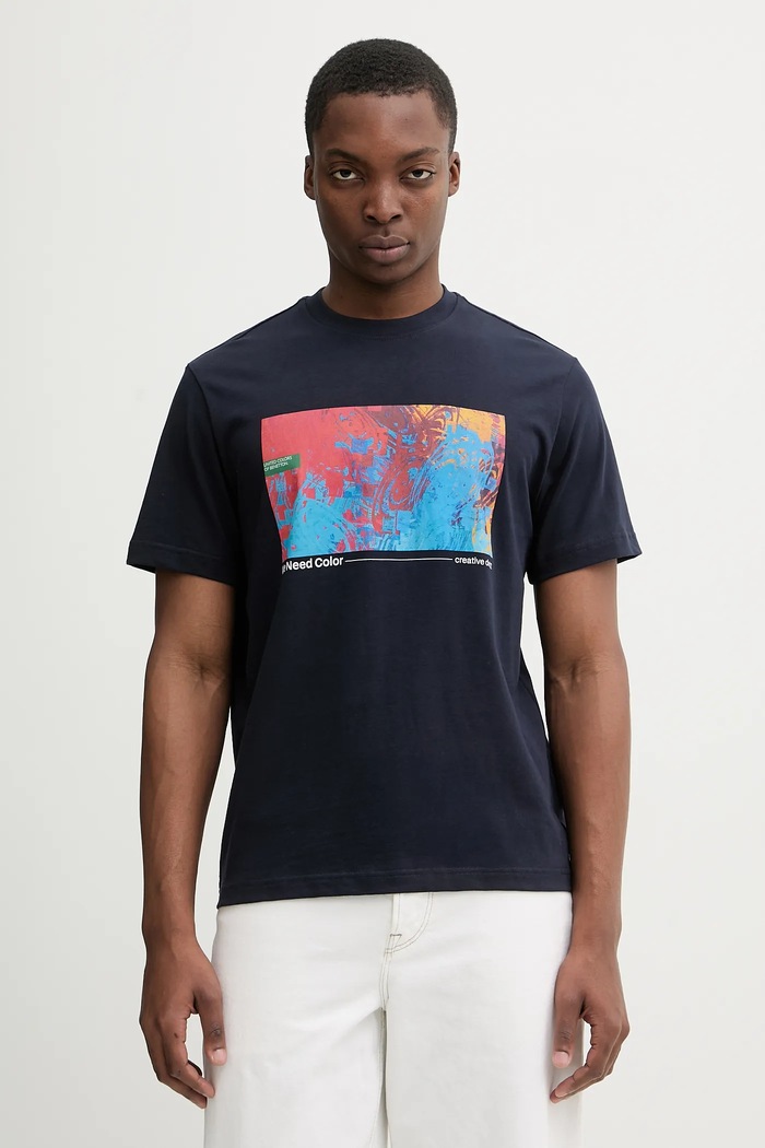 United Colors of Benetton t-shirt bawełniany nadruk granatowy 3MI5U10BG