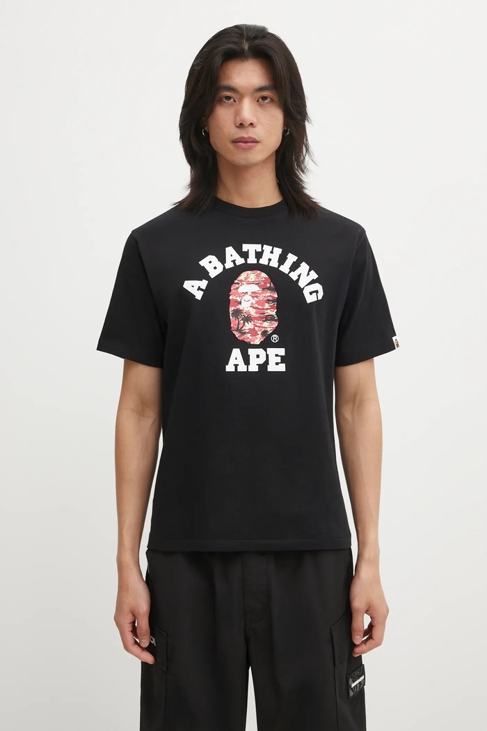 Бавовняна футболка A Bathing Ape Palm Tree Camo College надрук чорний 1L30110025