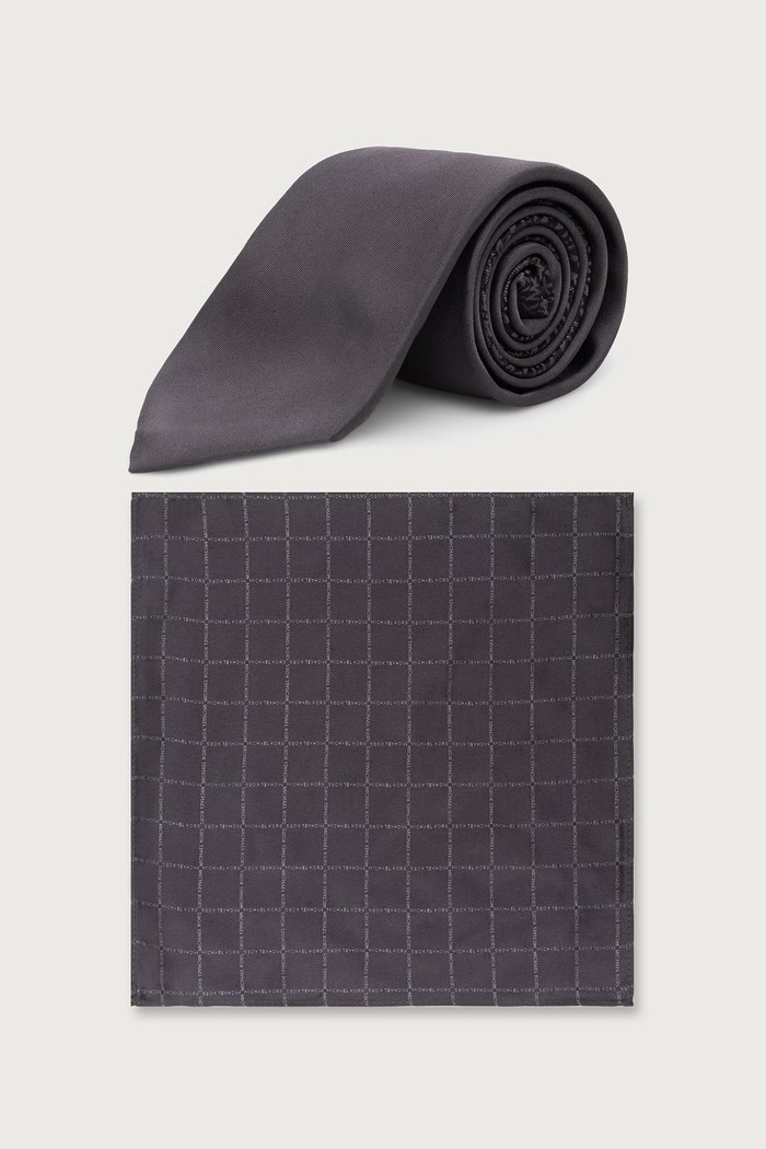 Michael Kors Zestaw krawat i poszetka męski jedwabny szary MK0DT00259