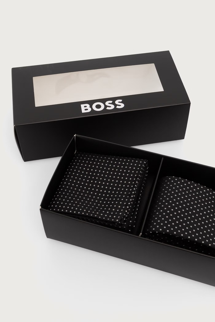 BOSS Set cravată și batistă de buzunar pentru bărbați cu mătase H-SET TIE-PKT SQ 50573332 negru AW26