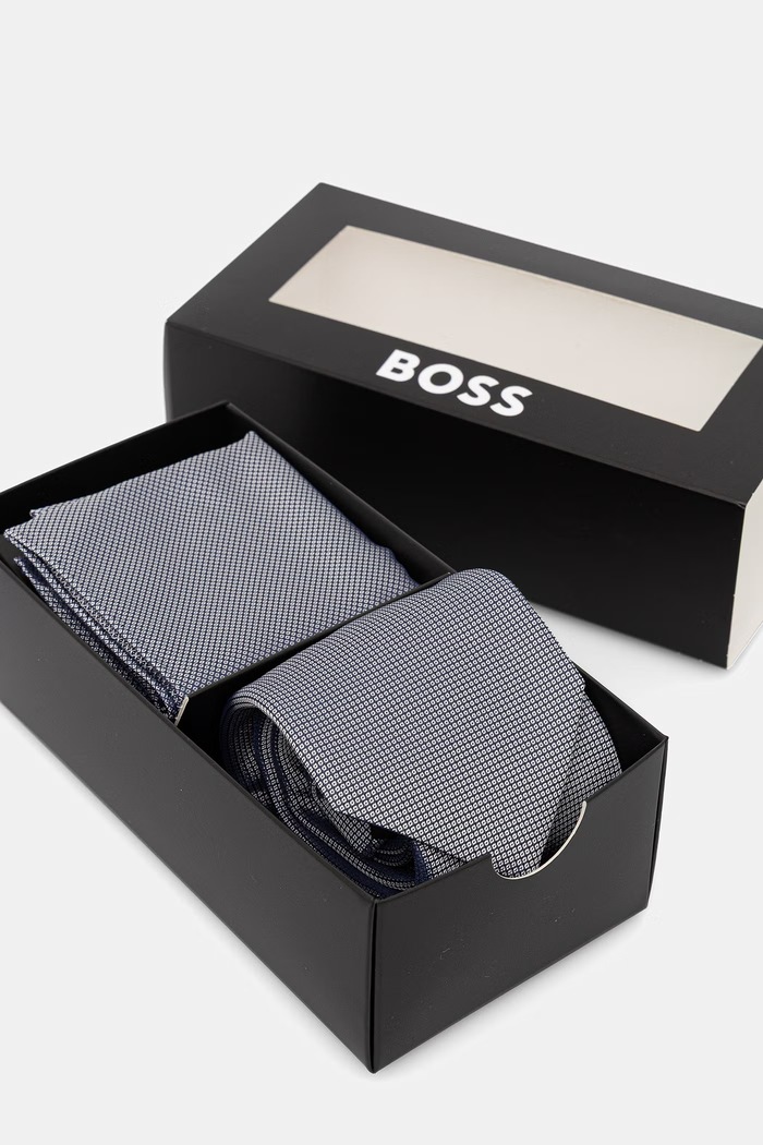 Doplnky BOSS sada kravaty a vreckovky pánska s hodvábom H-SET 50566657 tmavomodrá