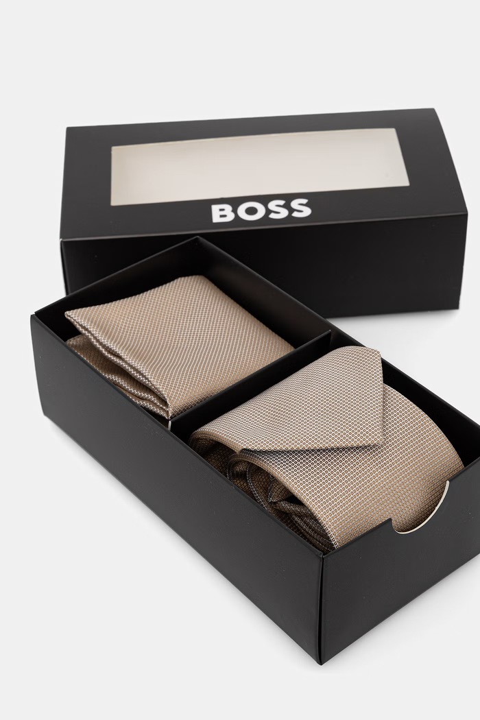 Akcesoria BOSS zestaw krawat i poszetka męski z jedwabiem H-SET 50566657 beżowy