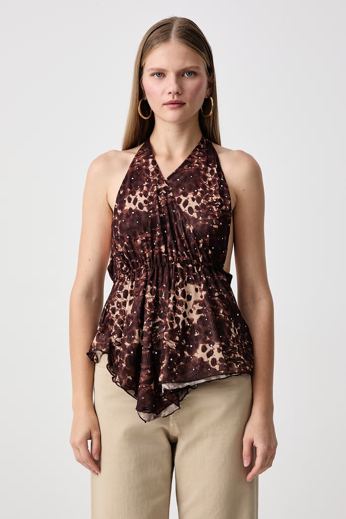 Juicy Couture Блуза с къс ръкав дамска ABSTRACT ANIMAL MESH HALTER TOP кафяв JCWCT226340