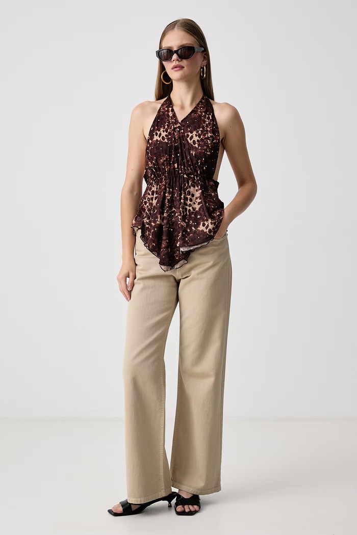 Juicy Couture Блуза с къс ръкав дамска ABSTRACT ANIMAL MESH HALTER TOP JCWCT226340 кафяв AW26