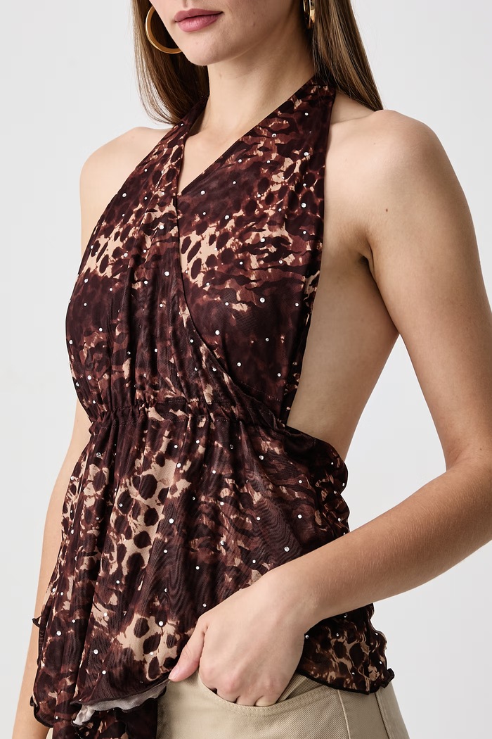 Блуза с къс ръкав дамска ABSTRACT ANIMAL MESH HALTER TOP Juicy Couture JCWCT226340 кафяв
