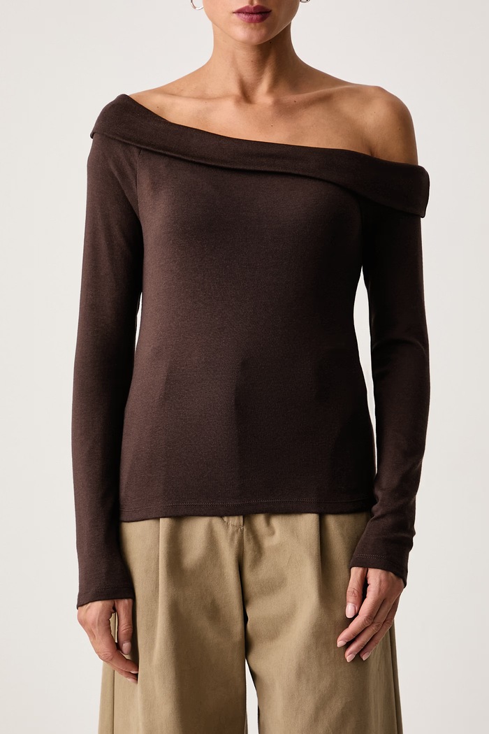 Majica z dolgimi rokavi ženska z modalom CLARA RIB OFF SHOULDER LS Levi's 008ST rjava