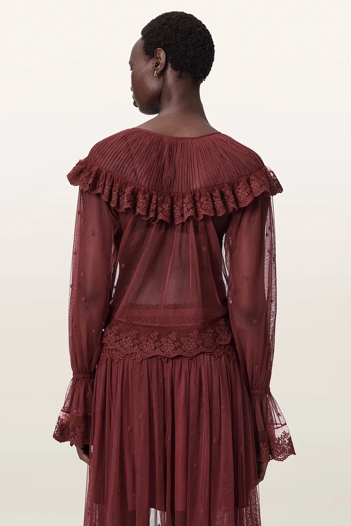 AllSaints Bluzka z falbanką damska koronkowa UNRULY SUSIE LS TEE W065PE bordowy AW26