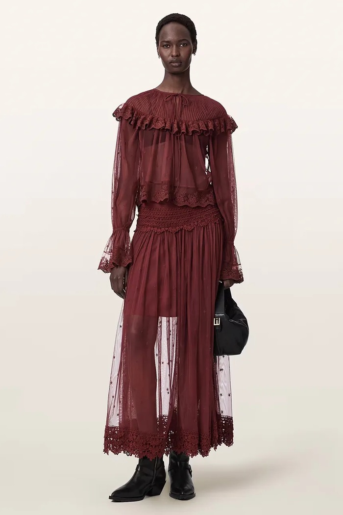 Odzież AllSaints Bluzka z falbanką damska koronkowa UNRULY SUSIE LS TEE W065PE bordowy