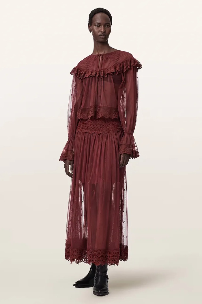 Bluzka z falbanką damska koronkowa UNRULY SUSIE LS TEE AllSaints W065PE bordowy