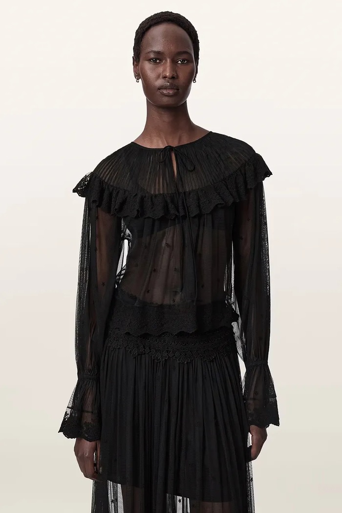 AllSaints Bluzka z falbanką damska koronkowa UNRULY SUSIE LS TEE czarny W065PE