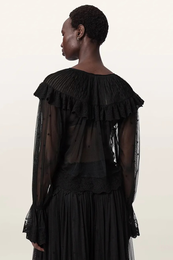 AllSaints Bluzka z falbanką damska koronkowa UNRULY SUSIE LS TEE W065PE czarny AW26