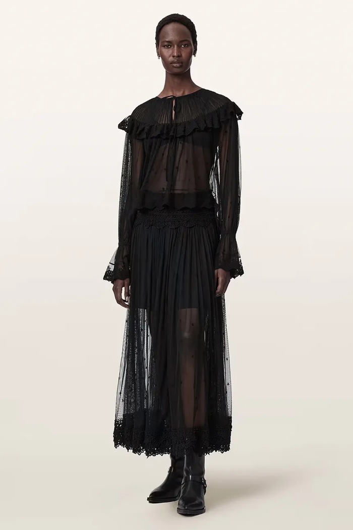 Odzież AllSaints Bluzka z falbanką damska koronkowa UNRULY SUSIE LS TEE W065PE czarny