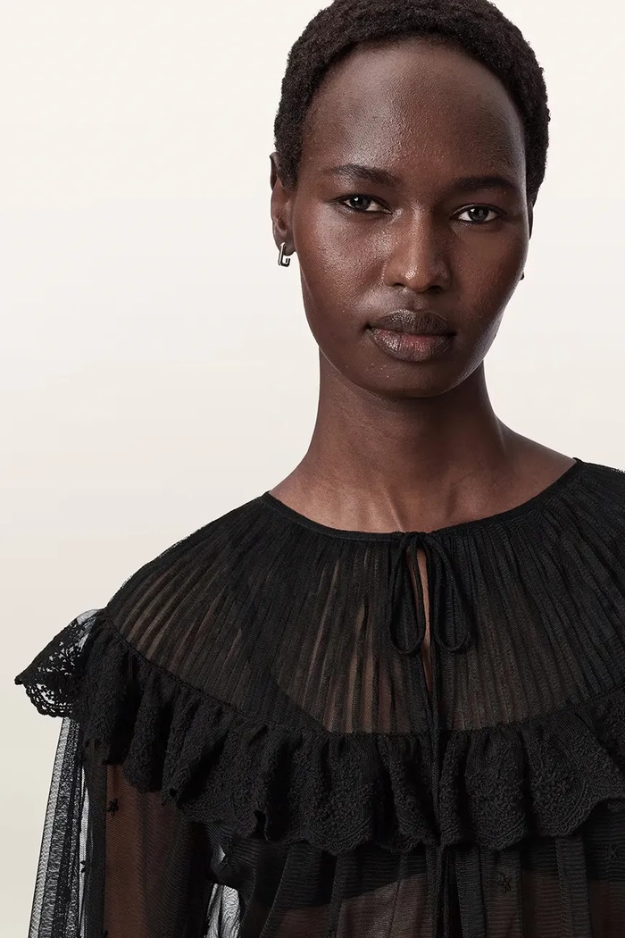 Bluzka z falbanką damska koronkowa UNRULY SUSIE LS TEE AllSaints W065PE czarny