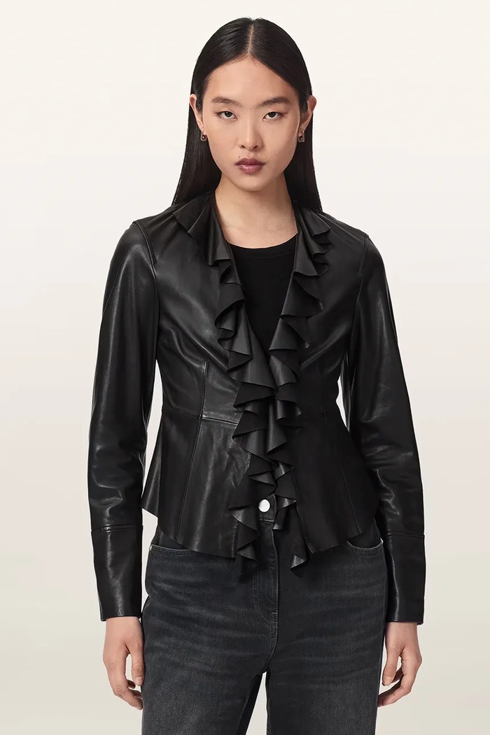 AllSaints Bluzka koszulowa damska skórzana LUANA LEA SHIRT czarny W029PF