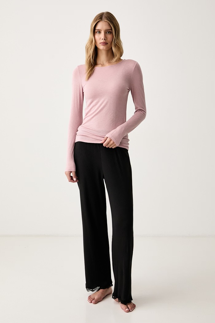 Triumph Longsleeve piżamowy damski z wełną 10223179 różowy AW26