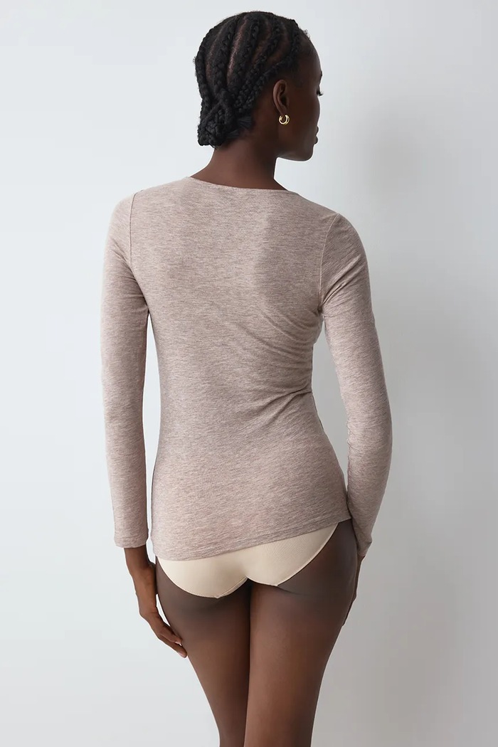 Triumph Longsleeve piżamowy damski z wełną 10223179 brązowy AW26