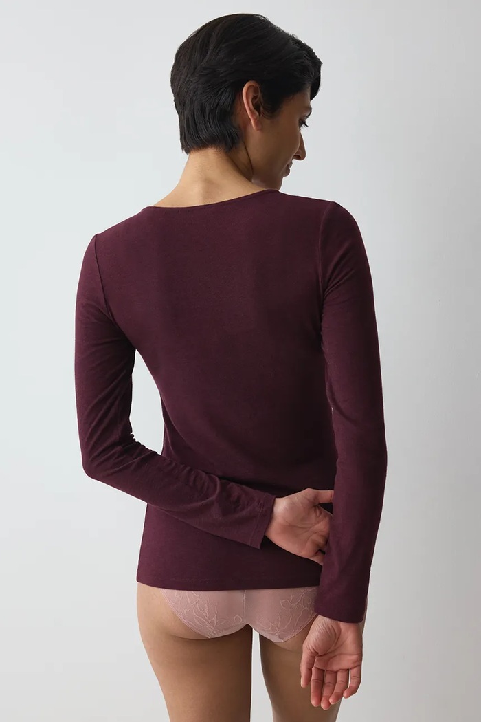 Triumph Longsleeve piżamowy damski z wełną 10223179 bordowy AW26