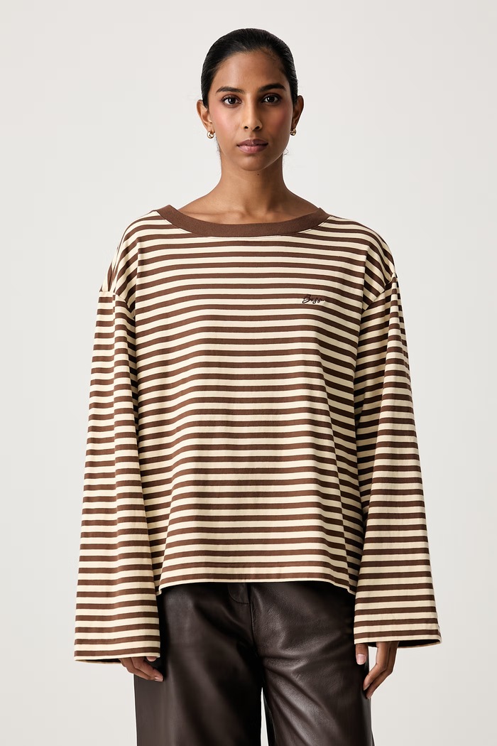BOSS Orange Longsleeve damski bawełniany C_Ewa_stripe brązowy 50569012