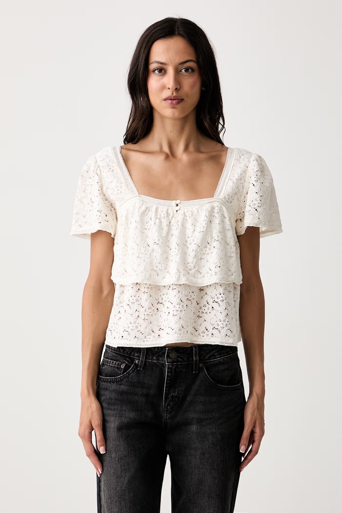 Levi's μπλούζα με βολάν γυναικεία δαντελένια DOM SS LACE BLOUSE μπεζ 007XH