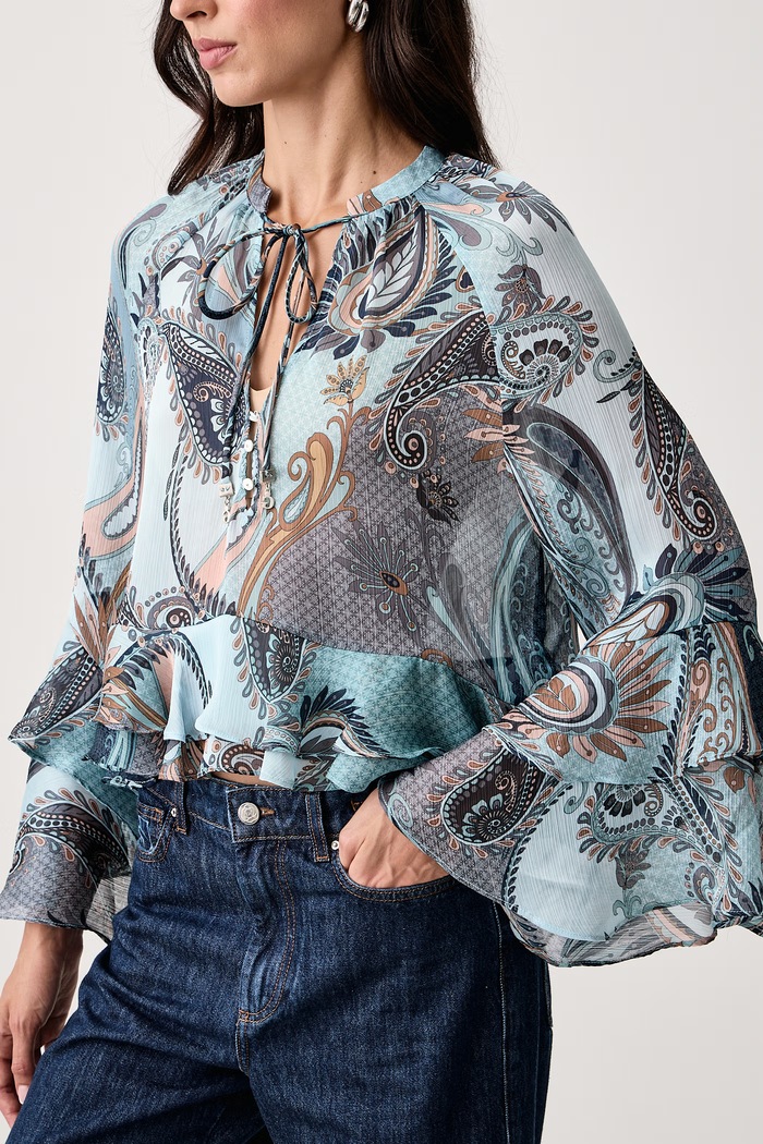 Bluzka z falbanką damska NICOLE Guess W6BH45.W4235 niebieski