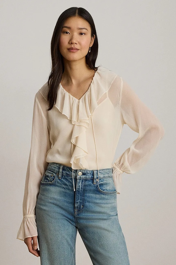 Lauren Ralph Lauren bluzka z falbanką damska beżowy 200P14017