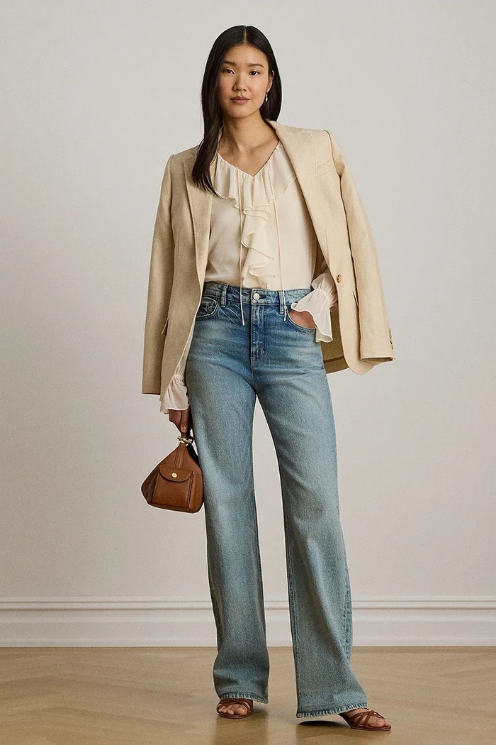 Odzież Lauren Ralph Lauren bluzka z falbanką damska 200P14017 beżowy