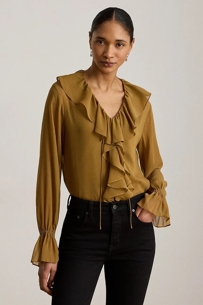Lauren Ralph Lauren bluzka z falbanką damska brązowy 200P14017