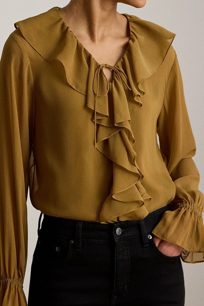 Lauren Ralph Lauren bluzka z falbanką damska brązowy 200P14017